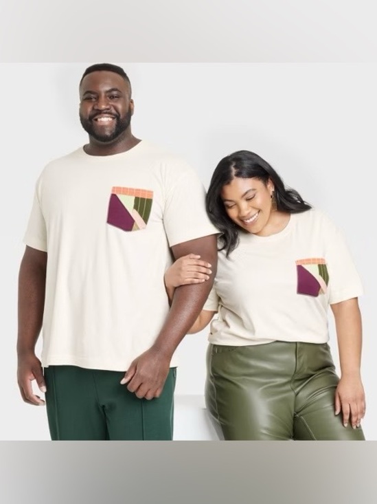Target Other - Target Cream Short Sleeve Pocket Tee with Olive and Plum Accent